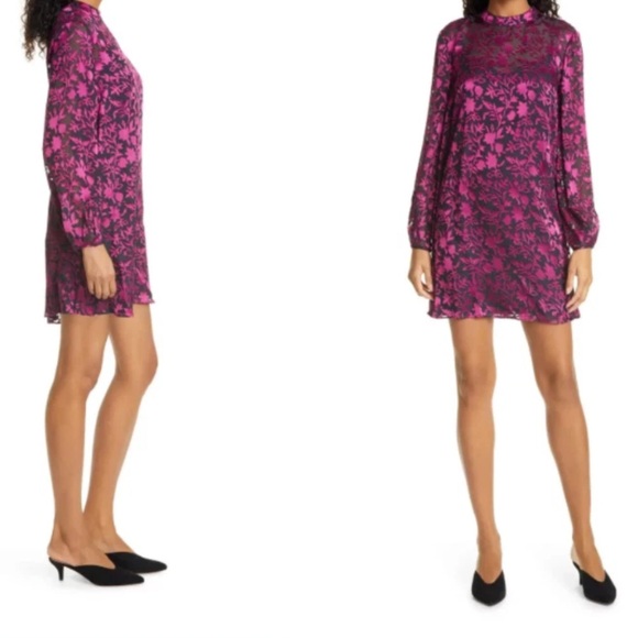 New CLUB MONACO Burnout Long Sleeve Swing Mini Dress Pink Mix Rose - Picture 3 of 10